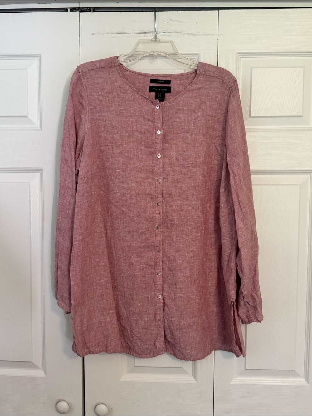 Tahari Dusty Rose Button-Front Linen Tunic Shirt with Tab Sleeves